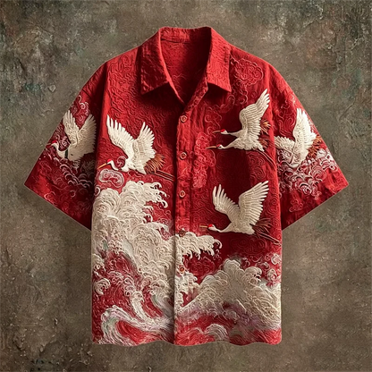 New dark green embossed dark pattern fabric with flying crane and wave printing for men's casual short sleeved shirt