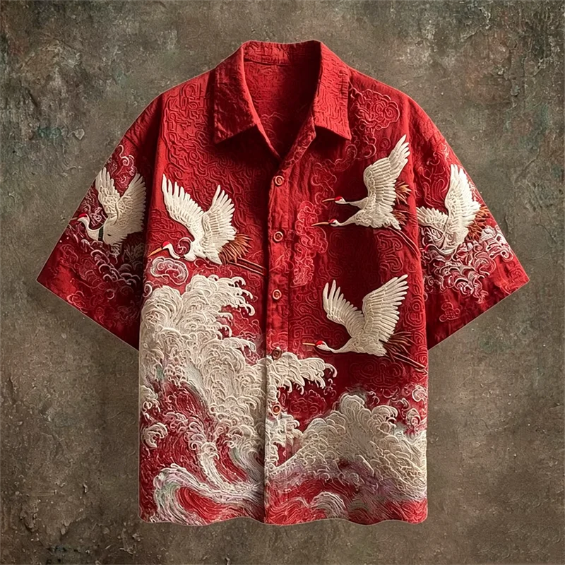 New dark green embossed dark pattern fabric with flying crane and wave printing for men's casual short sleeved shirt