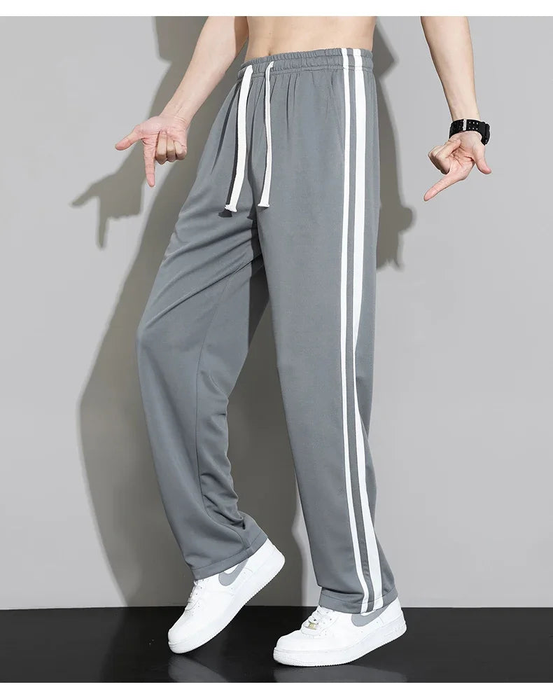 Summer New Men Sweatpants Joggers Straight Pants Neutral Breathable Loose Outdoor Quick Drying Fabric Striped Casual Trouser