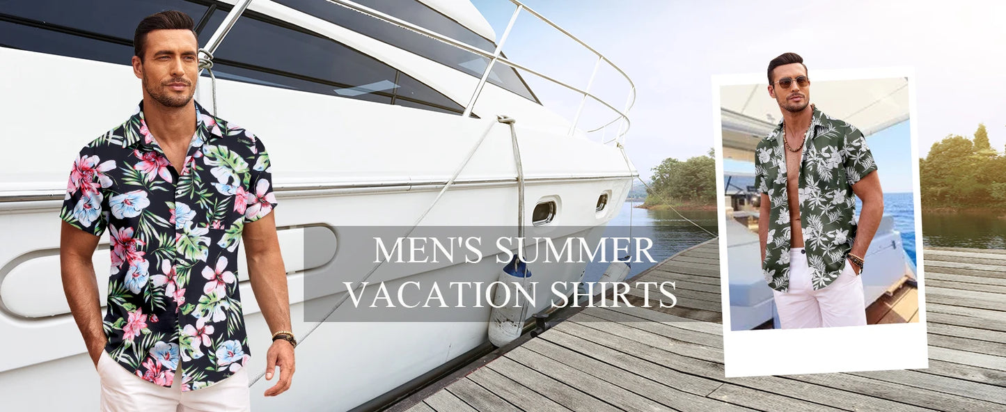 Men's Summer Shirt Vintage Patchwork Printed Button Lapel Short Sleeve Shirt Tropical Vacation T Shirt Fashion Soft Men Clothing