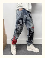 Men's Retro American Street Hip Hop Flame Skull Print Jeans Man High Street Motorcycle Denim Long Pants Baggy Jeans Men Techwear