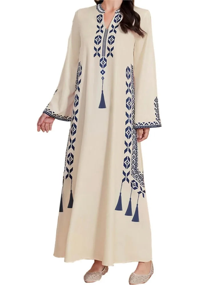 Fashion Muslim Women's Printed V-neck Robe 2025 Autumn V-neck Long Sleeve Arab Ethnic Style Printed Maxi Dress For Women Elegant