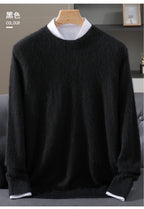 Autumn Winter 100% Mink Cashmere Sweater Men's Round Neck Pullover Loose Solid Color Plus Size Base Knit Business Casual Sweater
