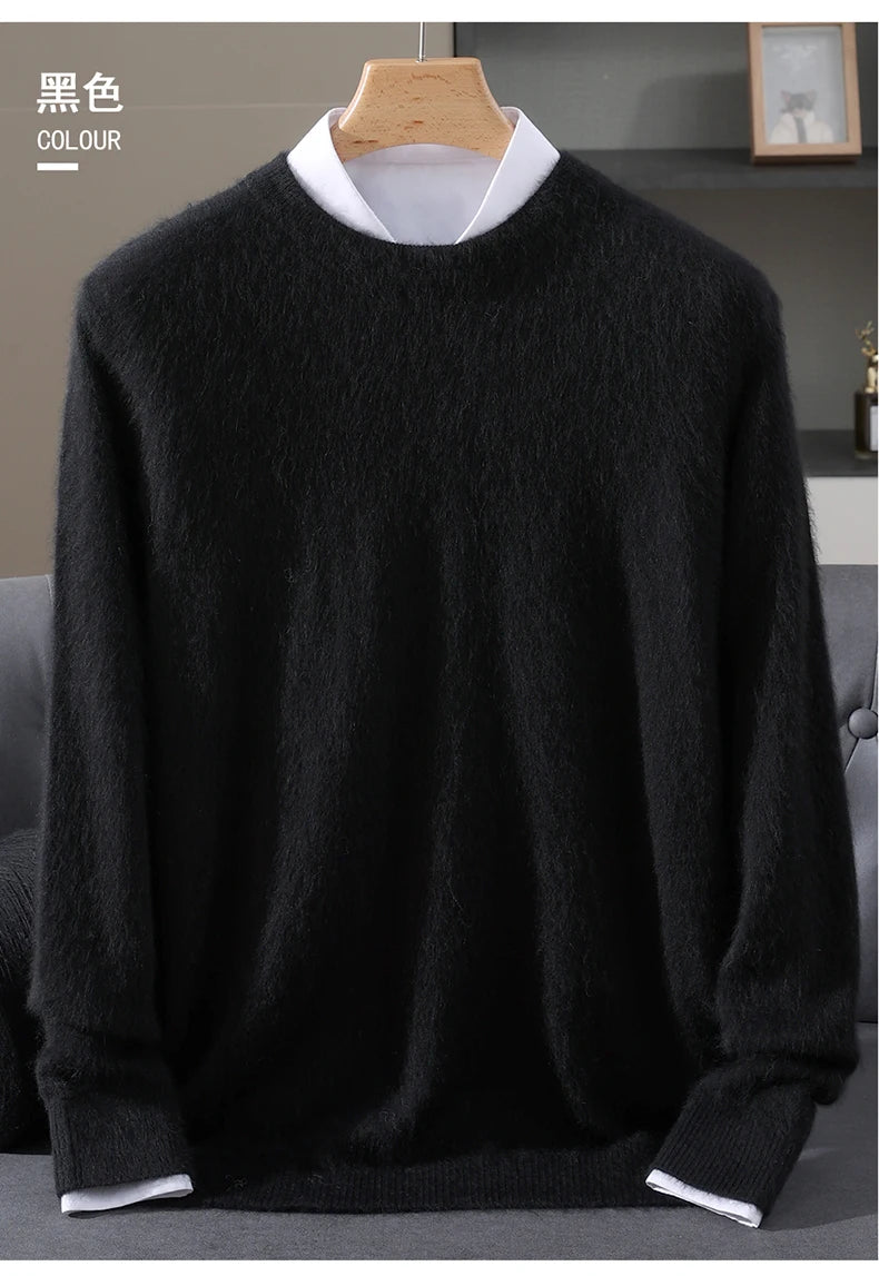 Autumn Winter 100% Mink Cashmere Sweater Men's Round Neck Pullover Loose Solid Color Plus Size Base Knit Business Casual Sweater