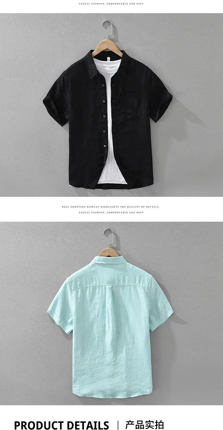 100% Linen Short Sleeve Shirt for Men Breathable Summer Casual Top Minimalist Loose Fit Button-Up Shirt  Natural Wrinkle Texture