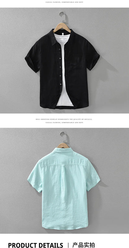 100% Linen Short Sleeve Shirt for Men Breathable Summer Casual Top Minimalist Loose Fit Button-Up Shirt  Natural Wrinkle Texture