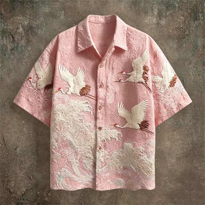 New dark green embossed dark pattern fabric with flying crane and wave printing for men's casual short sleeved shirt
