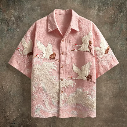 New dark green embossed dark pattern fabric with flying crane and wave printing for men's casual short sleeved shirt