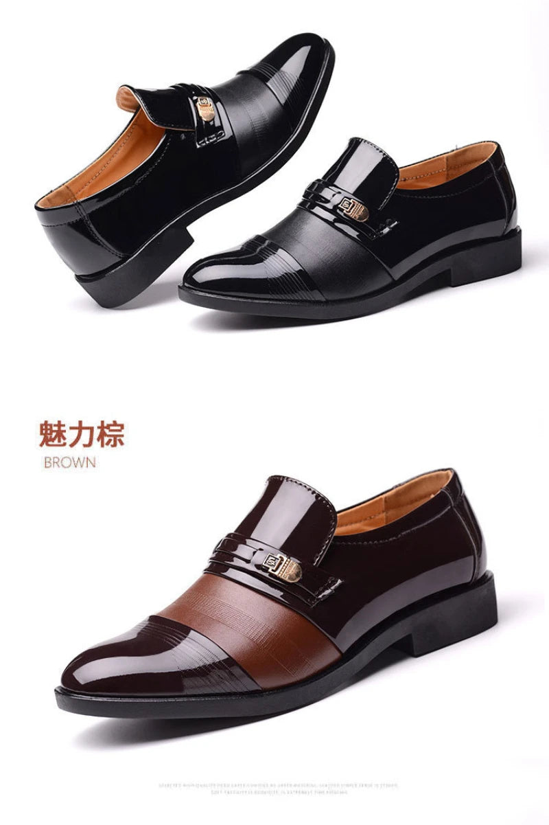 Mens Formal Two Tone Patent Leather Loafers Pointed Toe Slip On Shoes With Metal Buckle Low Heel Comfortable Non Slip Breathable