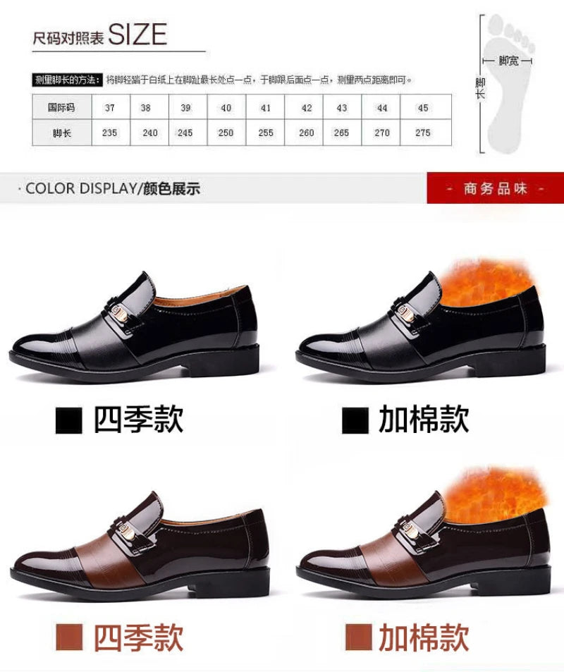 Mens Formal Two Tone Patent Leather Loafers Pointed Toe Slip On Shoes With Metal Buckle Low Heel Comfortable Non Slip Breathable