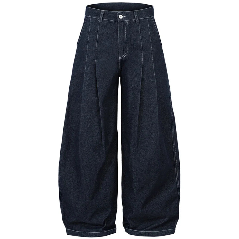【Mirrordust】Pleated Baggy Jeans Men Loose Wide Leg Jeans Trousers Streetwear Harajuku Hip Hop Jeans Denim Pants
