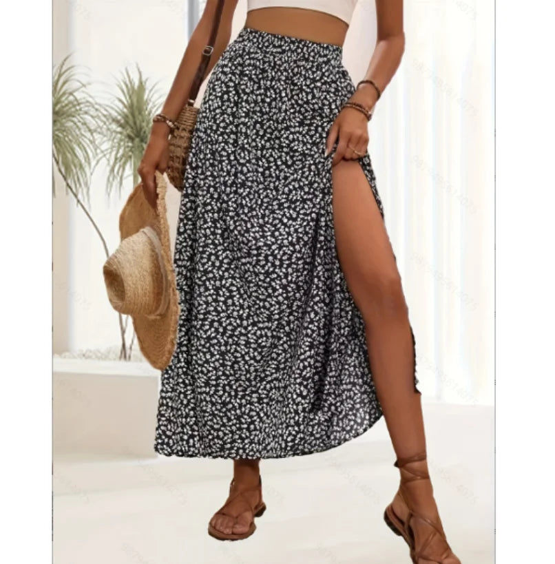 Spring and summer women's fashionable and sexy floral split high waisted elastic printed skirt