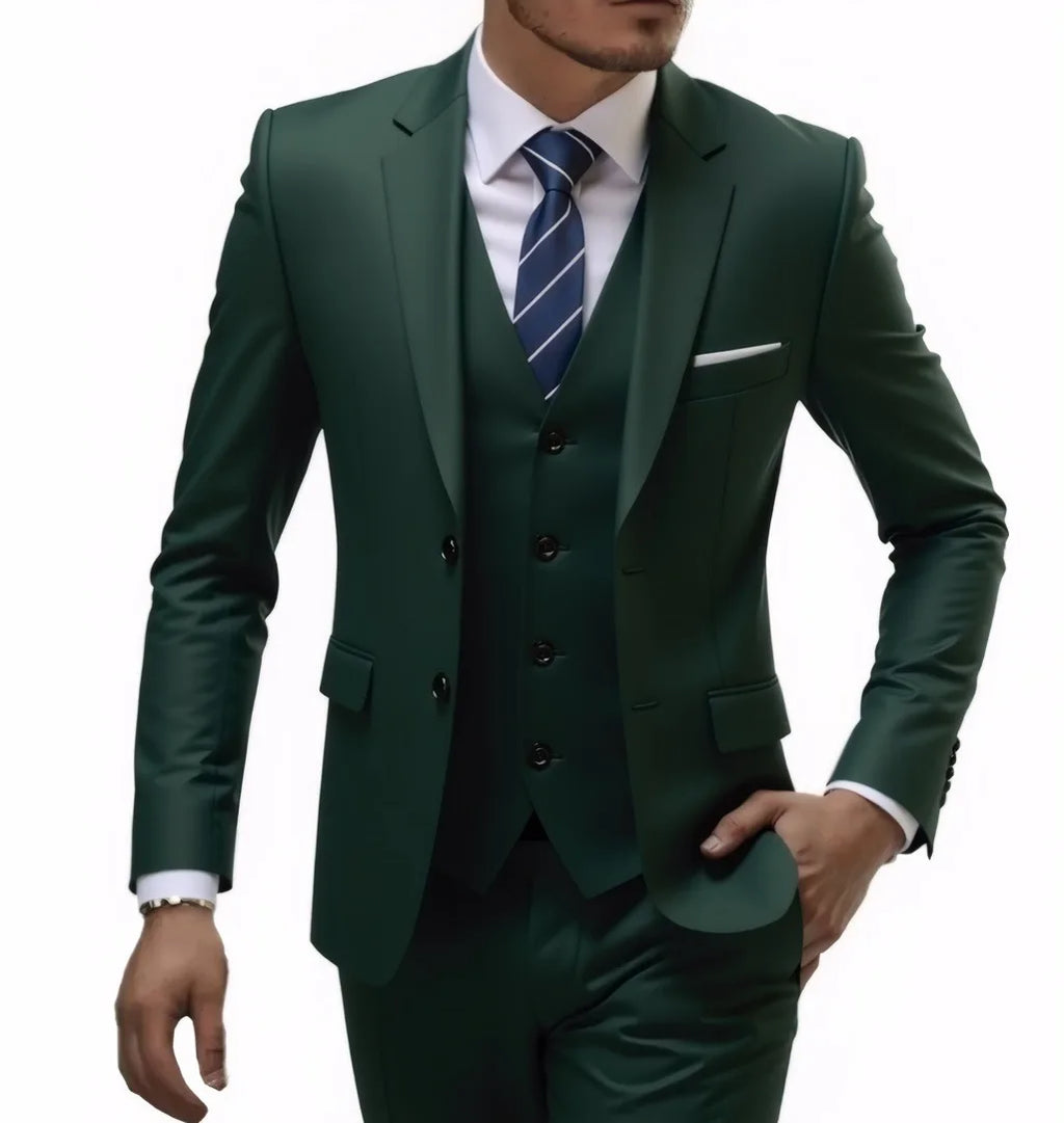 13 Color Basic Style Men's Casual Solid Color 3 Pieces Suits / Male Two Button Blazers Jacker Coat Trousers Pants Vest Waistcoat