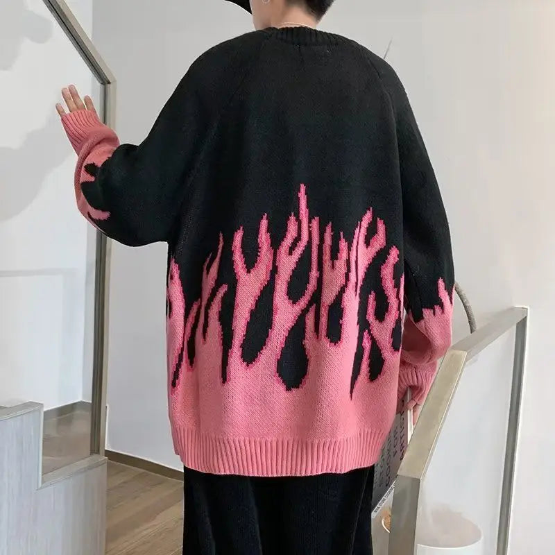 Fashion Gradient Flame Print Oversized Long Sleeve Sweaters Casual Pullovers Men's Clothing All-match Korean Loose Knitting Tops