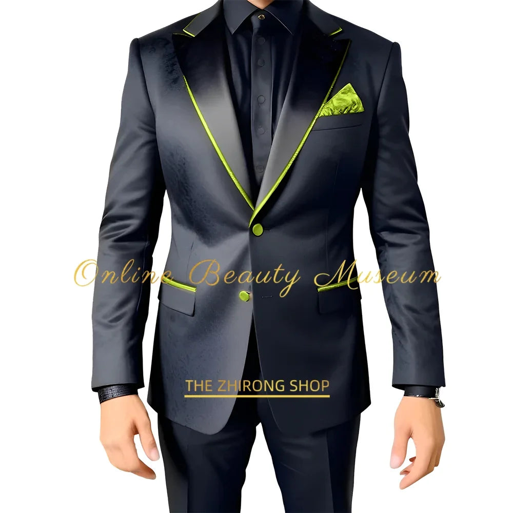 Luxury Men Suits 2 Pieces Black Floral Texture with Gold Accent Wedding Tuxedo Party Suits Formal Fashion Suits