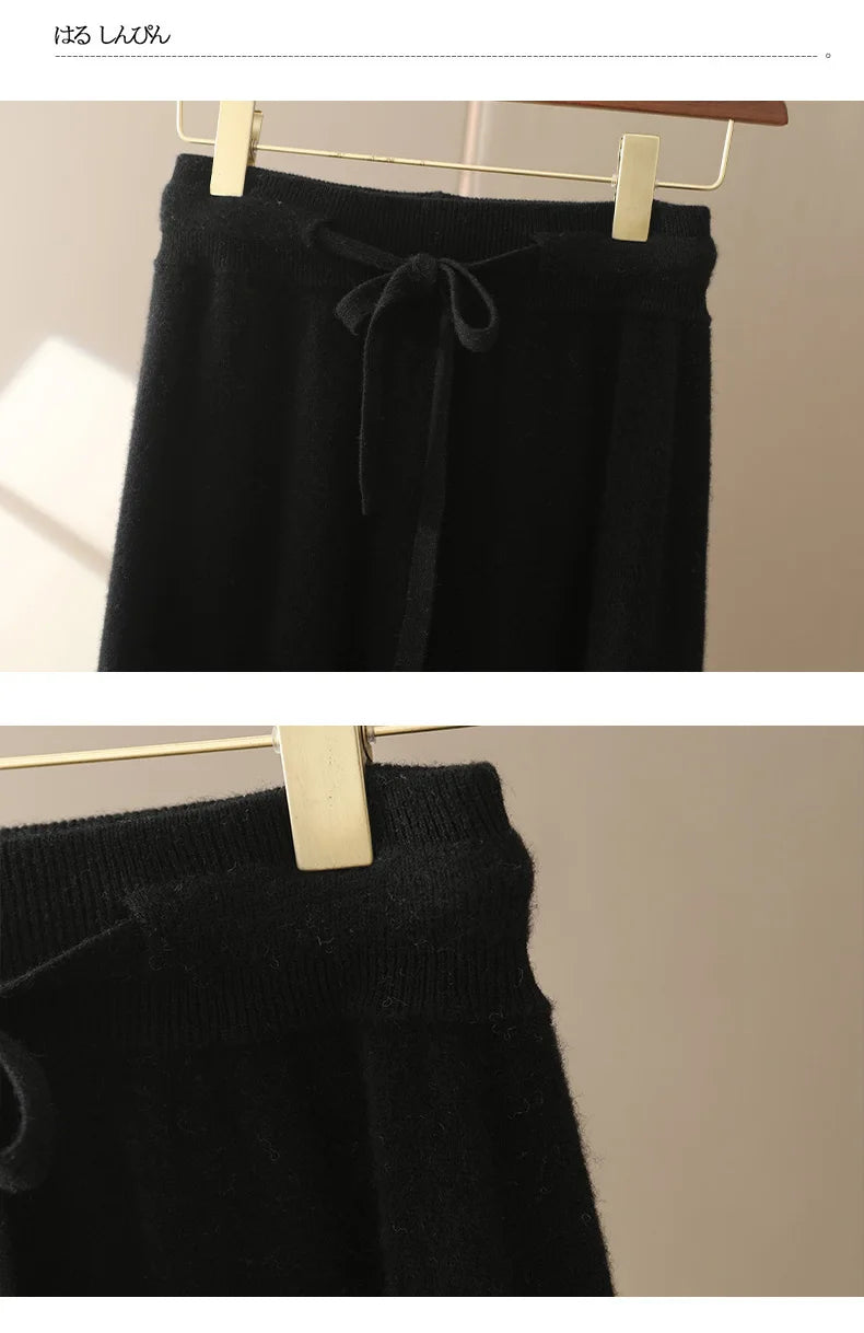 Autumn And Winter100% Pure Wool Skirt Women's Long Pocket Small A Skirt High Waist Slim Cashmere Knit A-Line Skirt