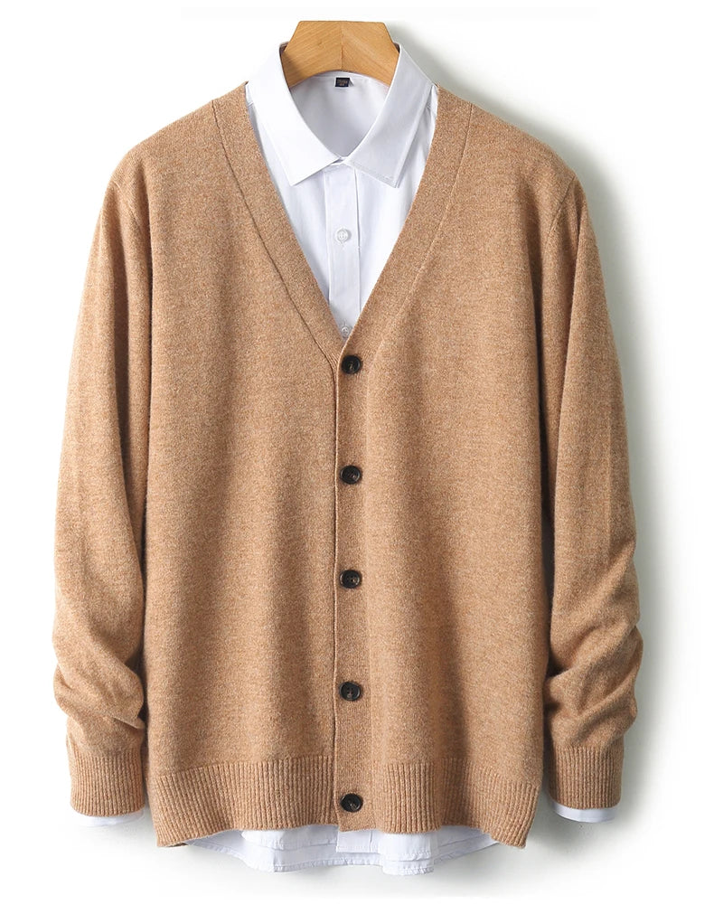 100% Pure Wool Sweater Autumn Winter New Men's Cardigan V-Neck Buckle Jacket Loose Casual Cashmere Knitted Sweater Long Sleeveds