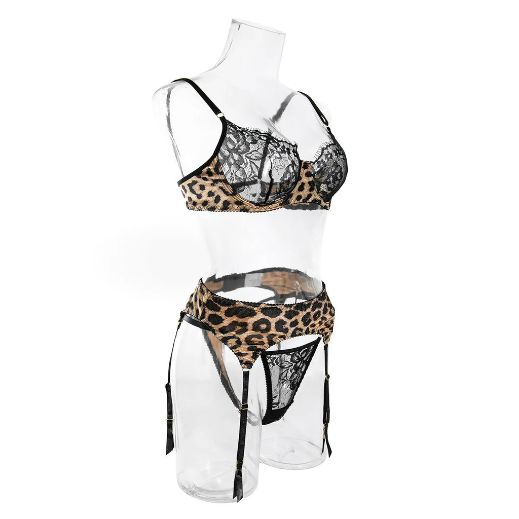 Krasapt Sexy Leopard Printing Lace Patchwork Women Lingerie 3Pcs Sets Romantic Mesh Perspective Intimates Underwear Erotic Set