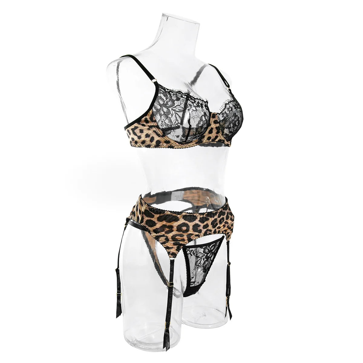 Krasapt Sexy Leopard Printing Lace Patchwork Women Lingerie 3Pcs Sets Romantic Mesh Perspective Intimates Underwear Erotic Set