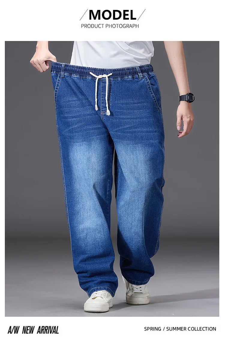 8XL Elastic Waist Men's Jeans, Loose Straight Leg Stretch Denim Pants, Plus Size Casual Streetwear, Big Size Relaxed Fit Trouser