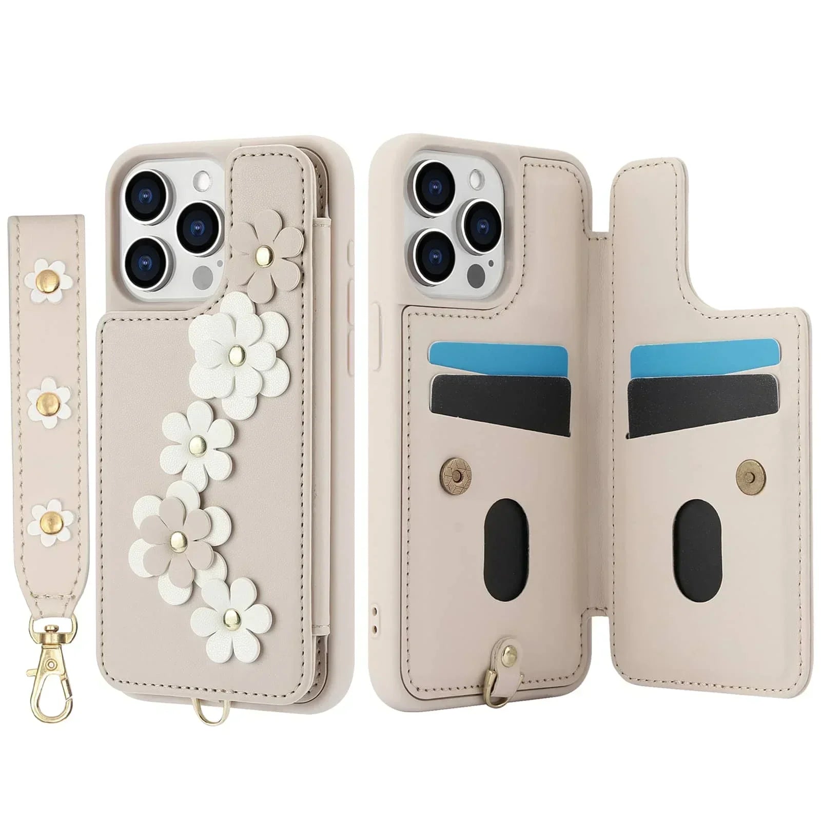 For iPhone 16 15 14 Pro Max Plus Case, Wallet with Card Holder, Cute Flower Design Crossbody Purse, Magnetic Kickstand Cover