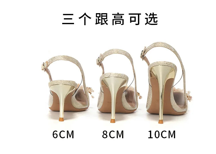 French Bride Gold Wedding Shoes spring women Thin Heel Pointed Shallow Mouth Flower Rhinodrill High Heels  Fashion Sandals