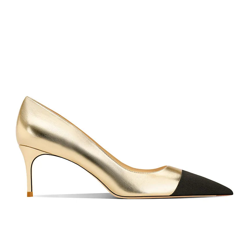 Golden high heels for women, new style, with pointed, slender heels,small fragrant style,color blocking, sexy banquet high heels