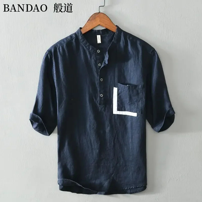 Chinese Style Spring and Summer Loose High-end Men's Linen Short-sleeved Cotton Linen Casual Breathable Shirt Collar T-shirt