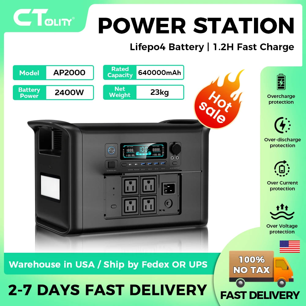 CTOLITY AP2000 2400W Portable Power Station 220v AC 2048WH Solar Generator Energy Storage Power Supply Camping LiFePO4 Batteries