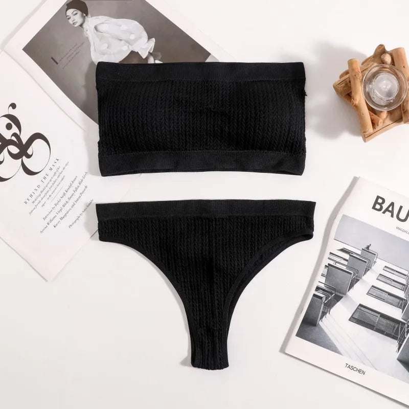 Women Strapless Bra And Panties Set Sexy Lingerie Push Up Bra Top Female Rib Tube Bra Low Waist Seamless Underwear Set