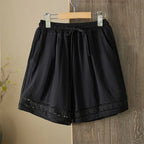 Women's Summer Retro Hollow Lace Trim Linen Shorts Elastic Drawstring Waist Casual Commute Wide Leg Pants