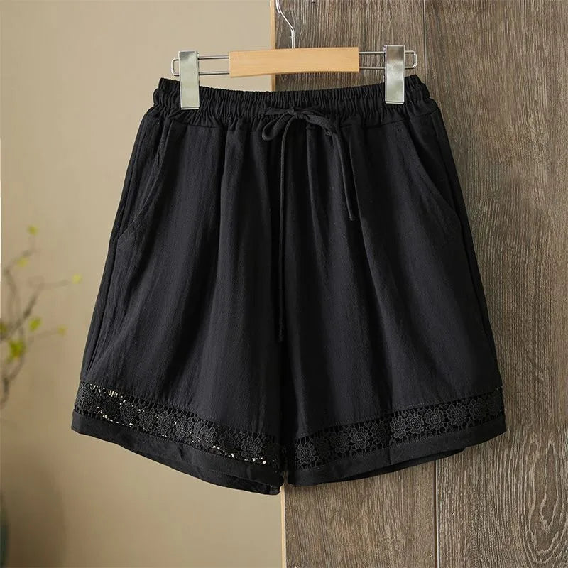 Women's Summer Retro Hollow Lace Trim Linen Shorts Elastic Drawstring Waist Casual Commute Wide Leg Pants