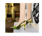 Elegant Women Green High Heel Velvet Pumps Wedding Party Slingback Sandals Metal Pointed Toe Hollow Buckle Wine Red Shoes