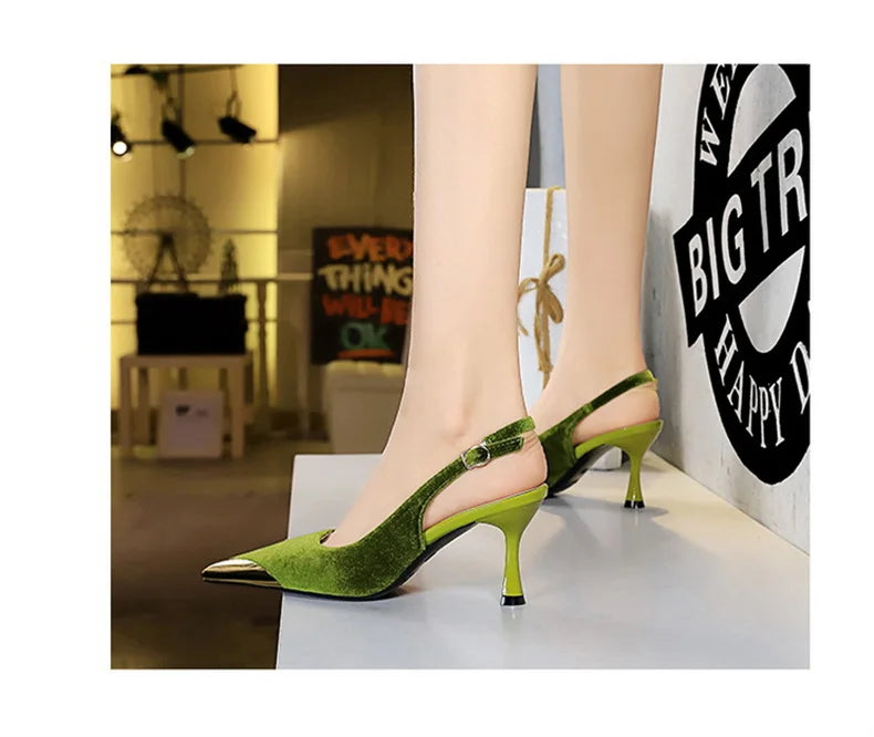 Elegant Women Green High Heel Velvet Pumps Wedding Party Slingback Sandals Metal Pointed Toe Hollow Buckle Wine Red Shoes