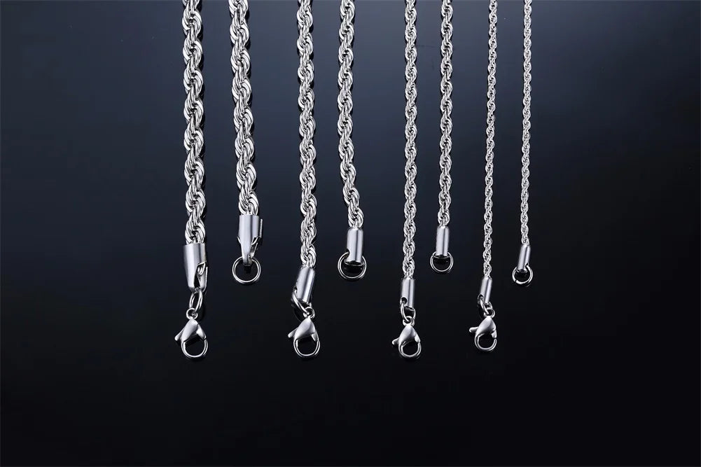 Casual Punk Rope Long Chain Necklace for Men Women,Silver Gold Color Stainless Steel Twisted Chain Collars,Hiphop Jewelry Gift