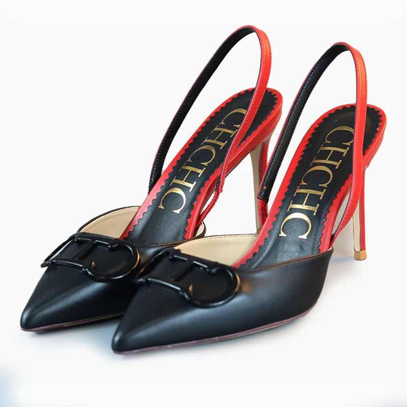 2026 CH Fashion Black Red Contrast Slingback Heels Women Pointed Toe Metal Buckle Stiletto High Heels Elegant Party Wedding