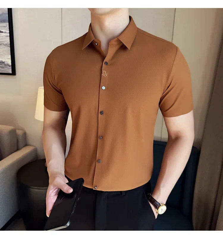 Men's White Business Casual Shirt, Fitted Striped Elastic Short-sleeved Shirt, Exquisite Embroidered Summer Formal Work Uniform.
