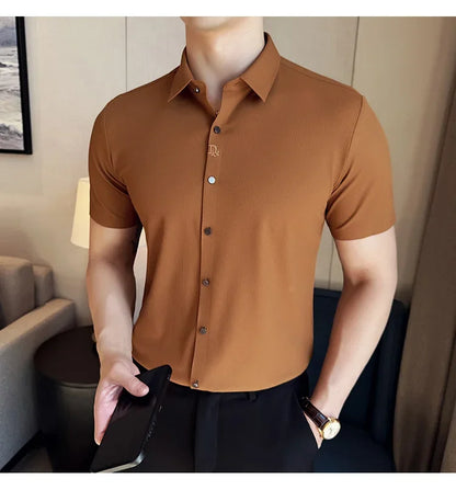 Men's White Business Casual Shirt, Fitted Striped Elastic Short-sleeved Shirt, Exquisite Embroidered Summer Formal Work Uniform.