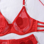Ellolace Tempted Women's Lingerie Sets Daring Heart Rhinestone Bra Belt Thong 3PC with Choker Leg Circles Intimate Miss Outfits