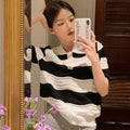 POLO Hollow Out Breathable Short Sleeve T Shirt Knit Striped Crop Top Aesthetic Clothing Summer Blouses For Women