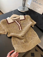 Vintage 2000s Shiny Knit Short Sleeve Tee Women Polo Neck Summer Tops Brown Hollow out Knitwear Lady Clothes Casual T-shirt