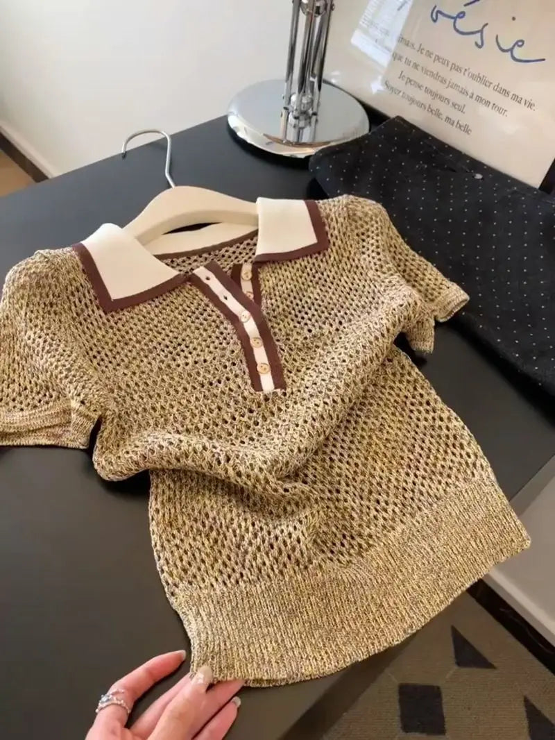 Vintage 2000s Shiny Knit Short Sleeve Tee Women Polo Neck Summer Tops Brown Hollow out Knitwear Lady Clothes Casual T-shirt