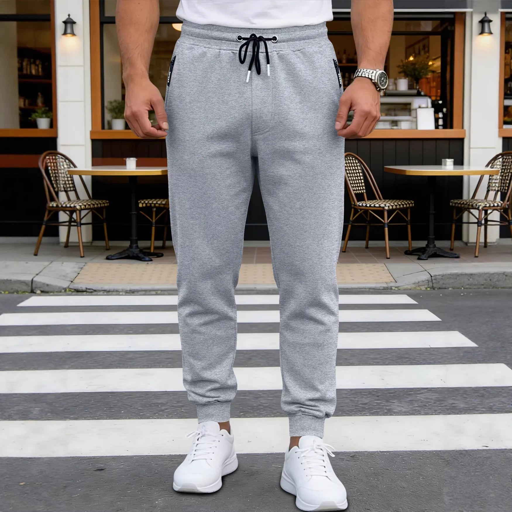 Spring/Autumn High-Quality Men's Sport Pants with Drawstring Cuffs and Zippered Pockets - Solid Color Elasticated Casual Pants