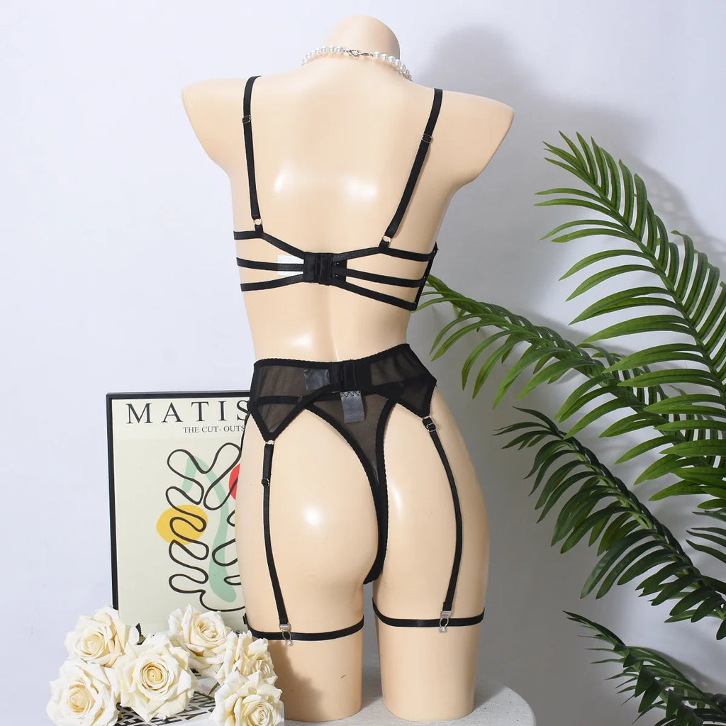 Ellolace Daring Women's Lingerie Sets Fancy Sexy Bra Belt Thong 3PC with Leg Circles Romantic Heart Rhinestone Women Underwear