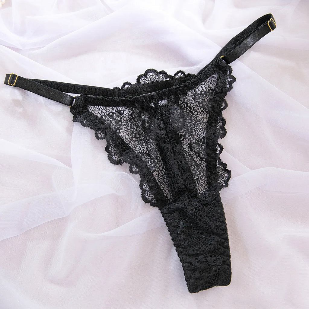 Sexy Lace Lingerie Set 3 Piece Sheer Mesh Bra Briefs Garter Belt Strappy Hollow Out Waist Cincher Black Erotic Costume Women