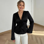 Tornova Elegant Satin Lace T Shirt Women's Long Sleeve Casual V Neck Lace Up Top Fashion Single Breasted Female Commute T Shirt