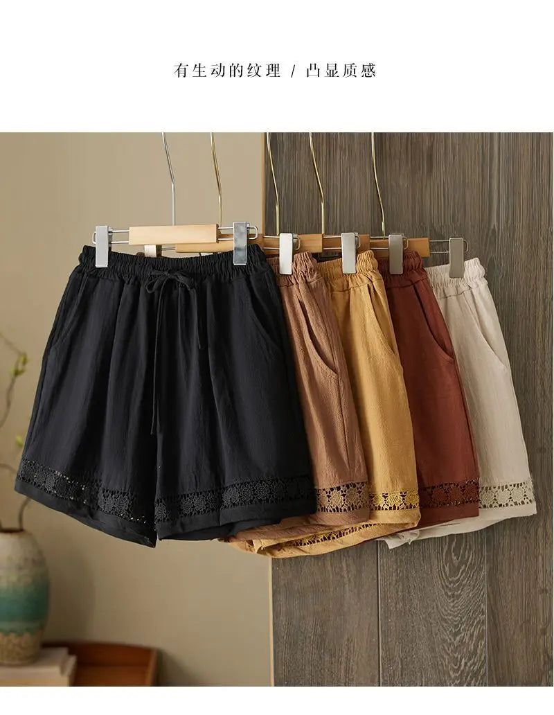 Women's Summer Retro Hollow Lace Trim Linen Shorts Elastic Drawstring Waist Casual Commute Wide Leg Pants