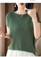 Spring Summer T-shirt Women Short Sleeves Slim Striped Innerwear Slash Neck Fashion Korean Loose Knitted T-shirt Sweater 2026