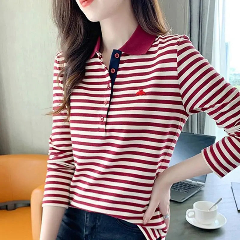 Korean Slimming Polo T-Shirt Women 95% Cotton Loose Fit Long Sleeve Streetwear for Autumn Winter Casual Outfits