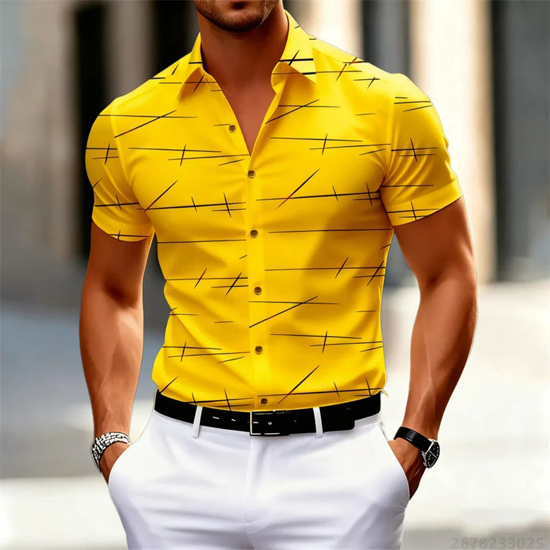 18 colors new men's fashion geometric line print short-sleeved shirt Urban casual style slim lapel shirt comfortable fabric